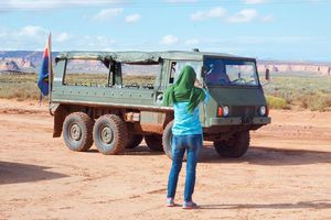 recent flash flood destroyed roads to Antelope canyon, so only vehicles of this type can be used to get there